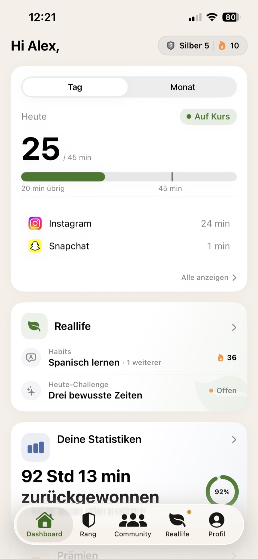BackToLife Dashboard mit Tagesziel und Fortschritt