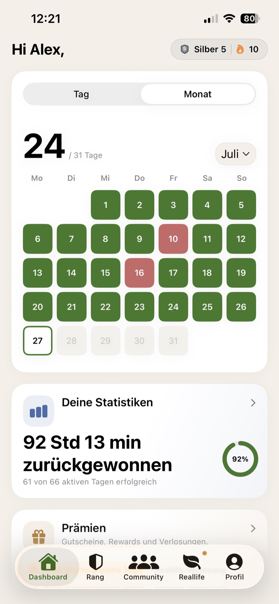 Monatsansicht mit Kalender
