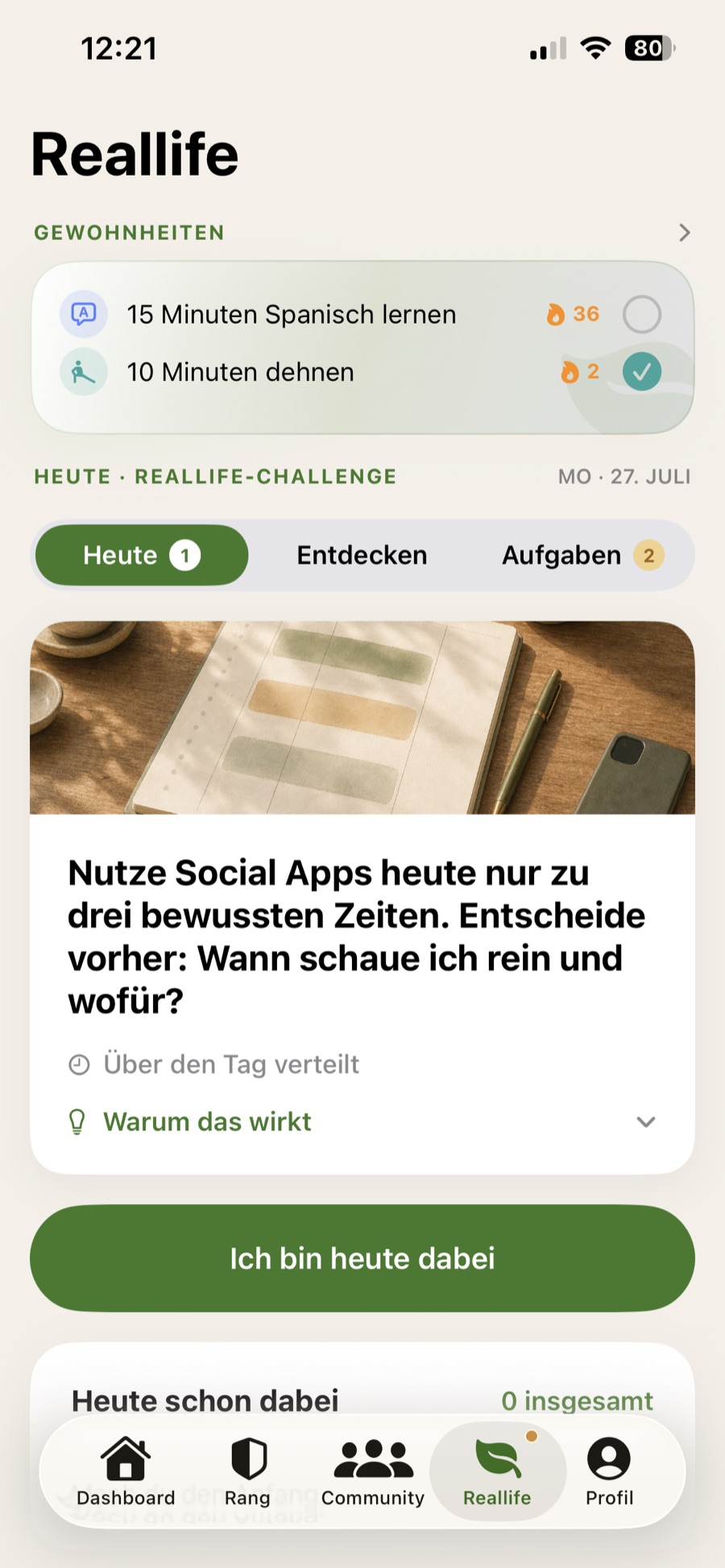 Reallife, Challenge für heute